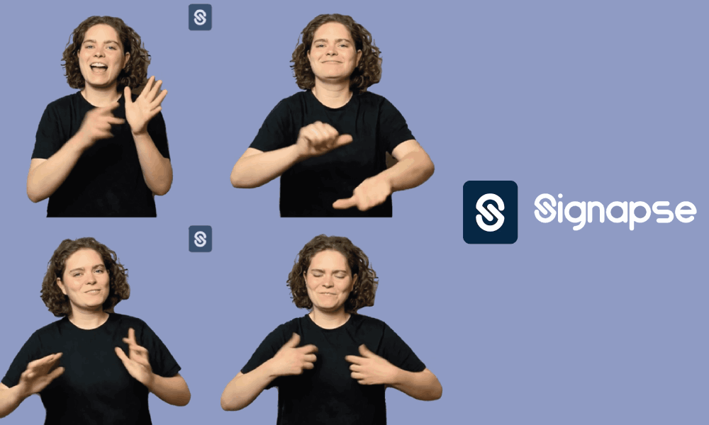 Four still frames of a woman communicating in British Sign Language with a logo to the right.