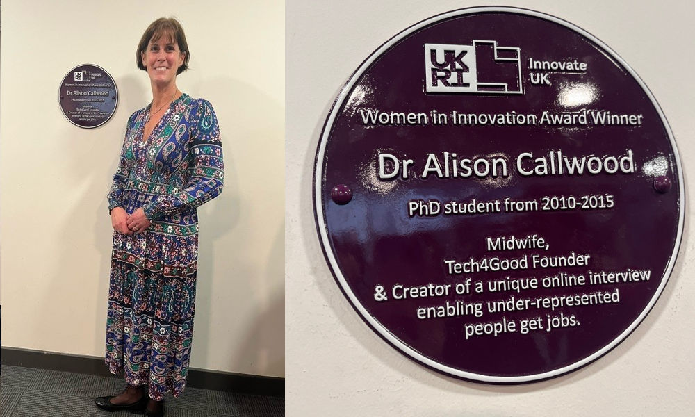 Split image of woman stood to the right of a plaque on the wall. On the right of the image is a large blown up version of the plaque