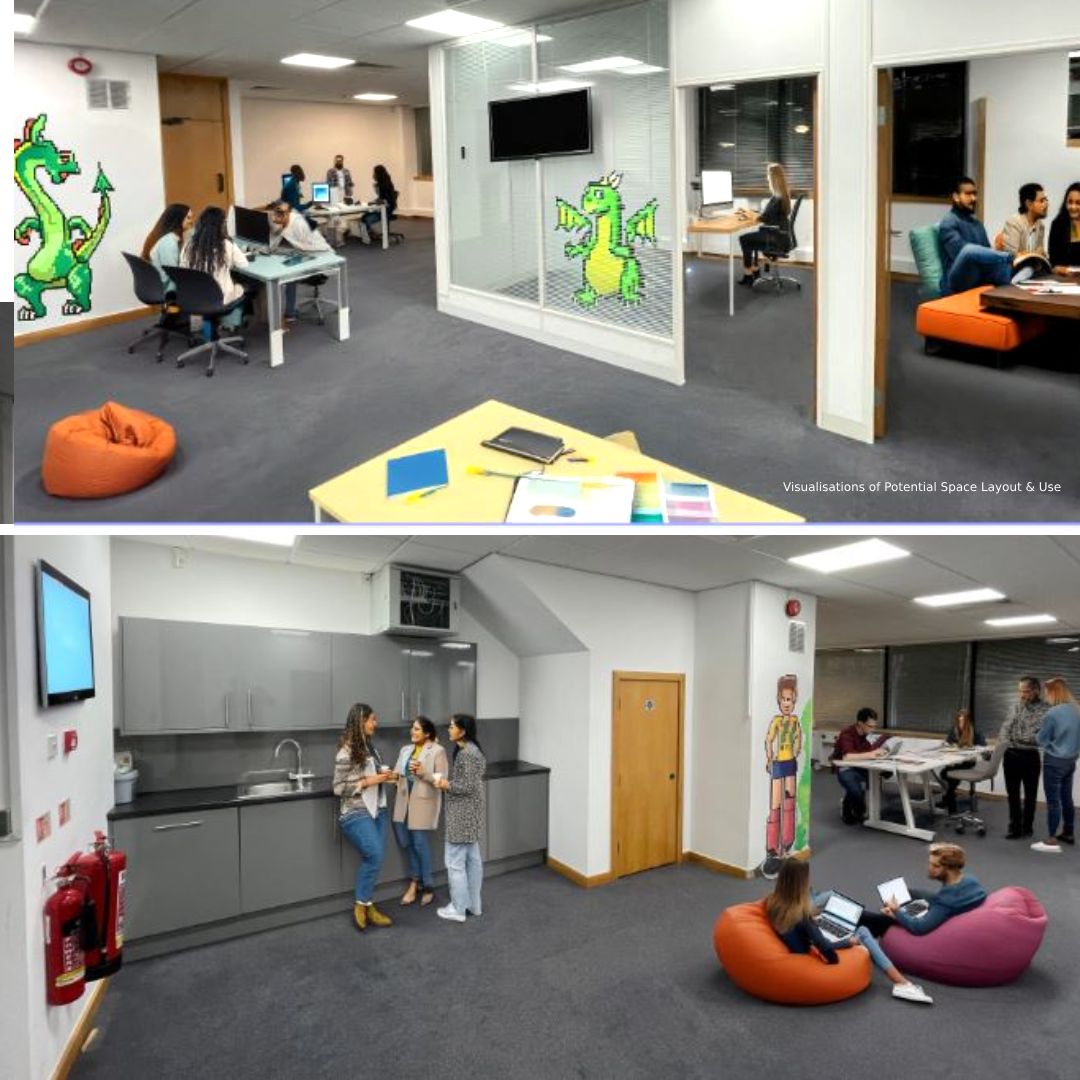 Two photos illustrating potential use of the office space by a CreaTech company