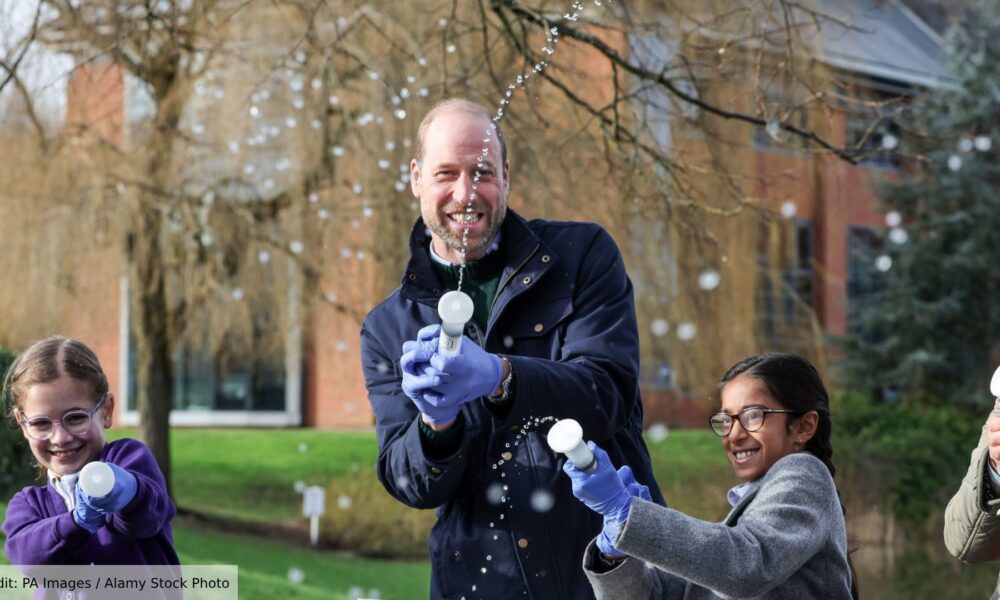 The Prince of Wales with local school children as they filter DNA samples through a syringe after extracting water from a local pond in order to see what species live in it, during a visit to 2024 Earthshot Prize finalist,