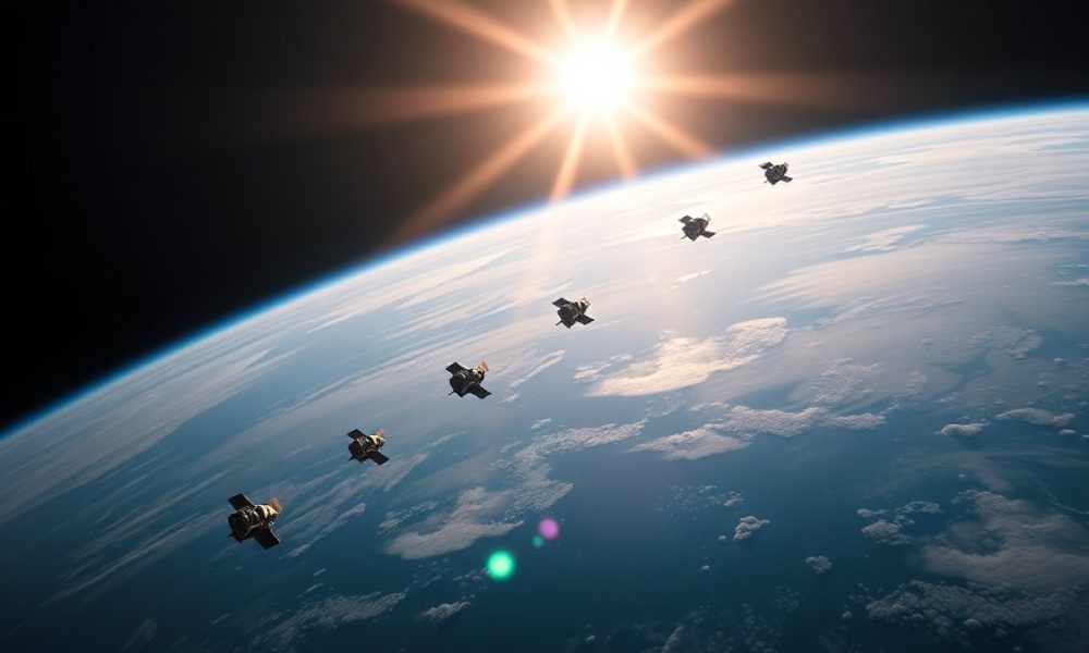 Satellite cluster in space passing Earth-like planet