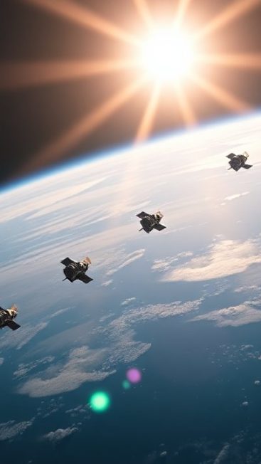 Satellite cluster in space passing Earth-like planet