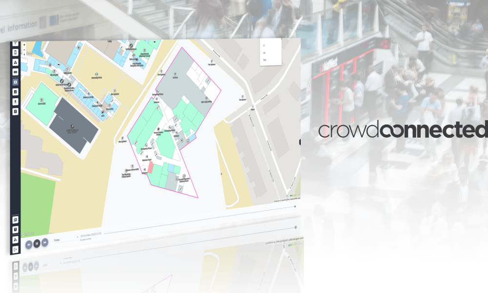 A concept image showing crowd mapping on the left with a logo for a company on the right, the background is a fading gradient image of a busy shopping precinct.