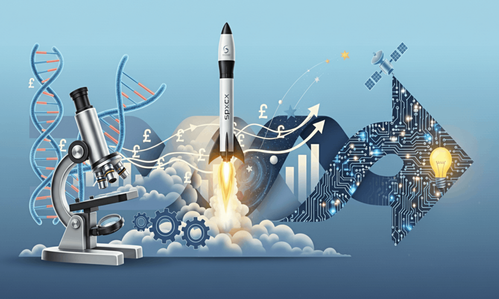 Concept art showing the technology on the left, rockets, microscopes and how this transforms into business growth curve on the right