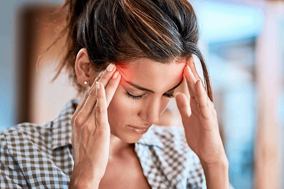 Woman holding her head because of a migraine