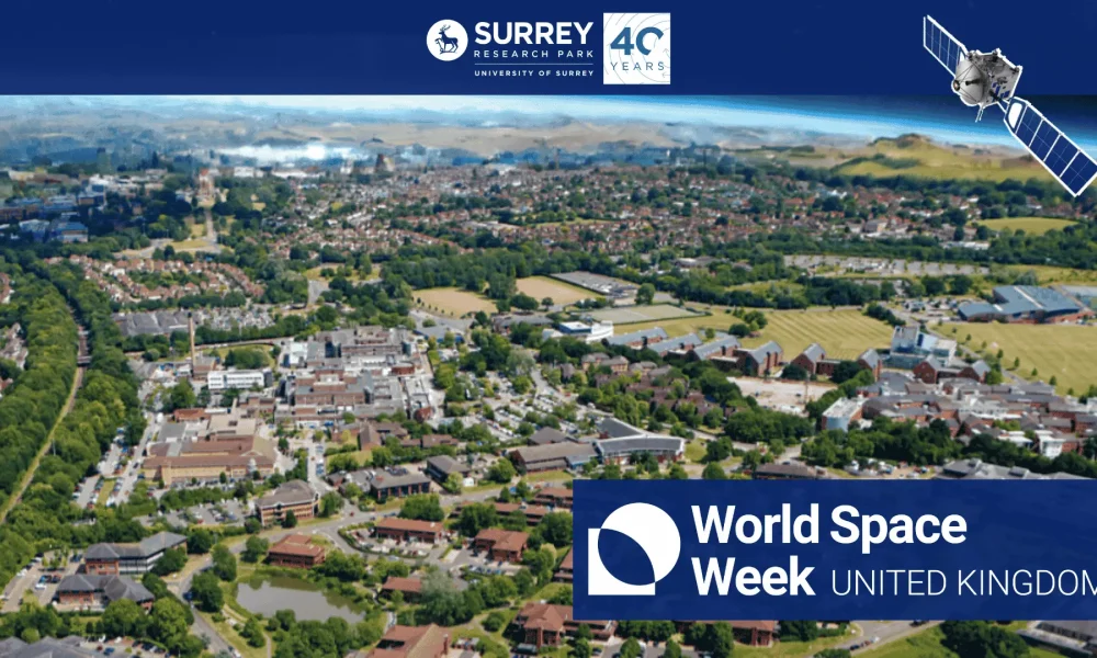 A concept image show Surrey Research Park under a curve of atmosphere on the edge of space giving an other-worldly feel