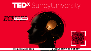 Conceptual poster showing a robotic head against a red background