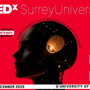 Conceptual poster showing a robotic head against a red background