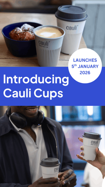 portrait image showing a Cauli cup and cake a the top and a man at bottom holding a Cauli Cup