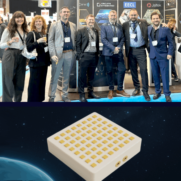 Image split in two. At the top a group of people pose for the camera near an exhibition stand, bottom a concept image of a circuit board floating in space.