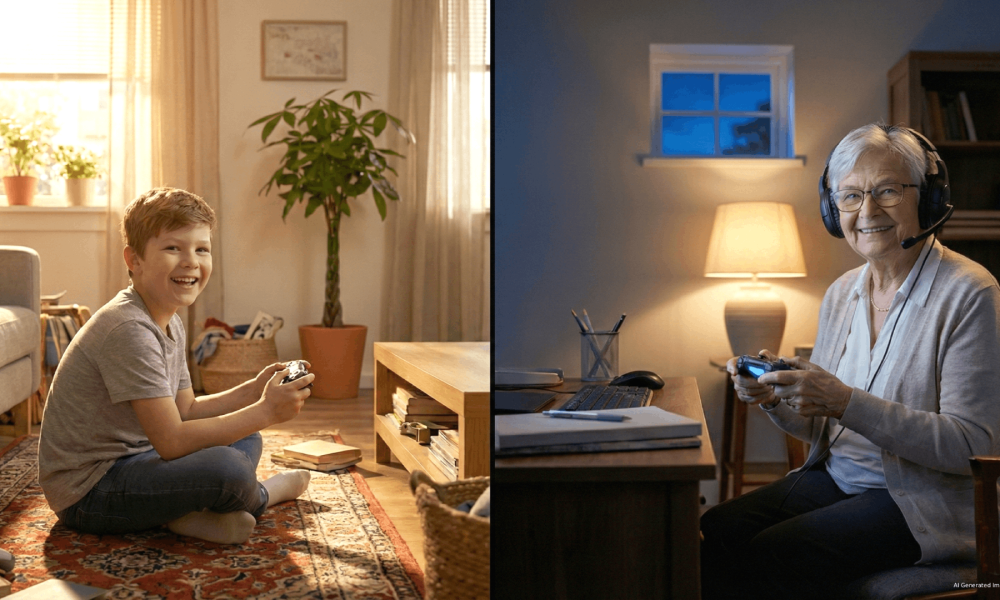 A two-part image. Left side a young boy plays with a console in living room filled with late evening sun. On the right, a retired woman with gamer headset plays a game at night.