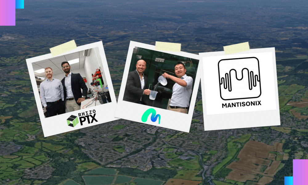 Polaroid images representing three companies, overlaid an aerial view of the county of Surrey from Google Earth.