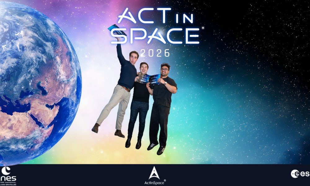 A concept image of three men in their late 20s floating in space below the title that reads Act in Space.
