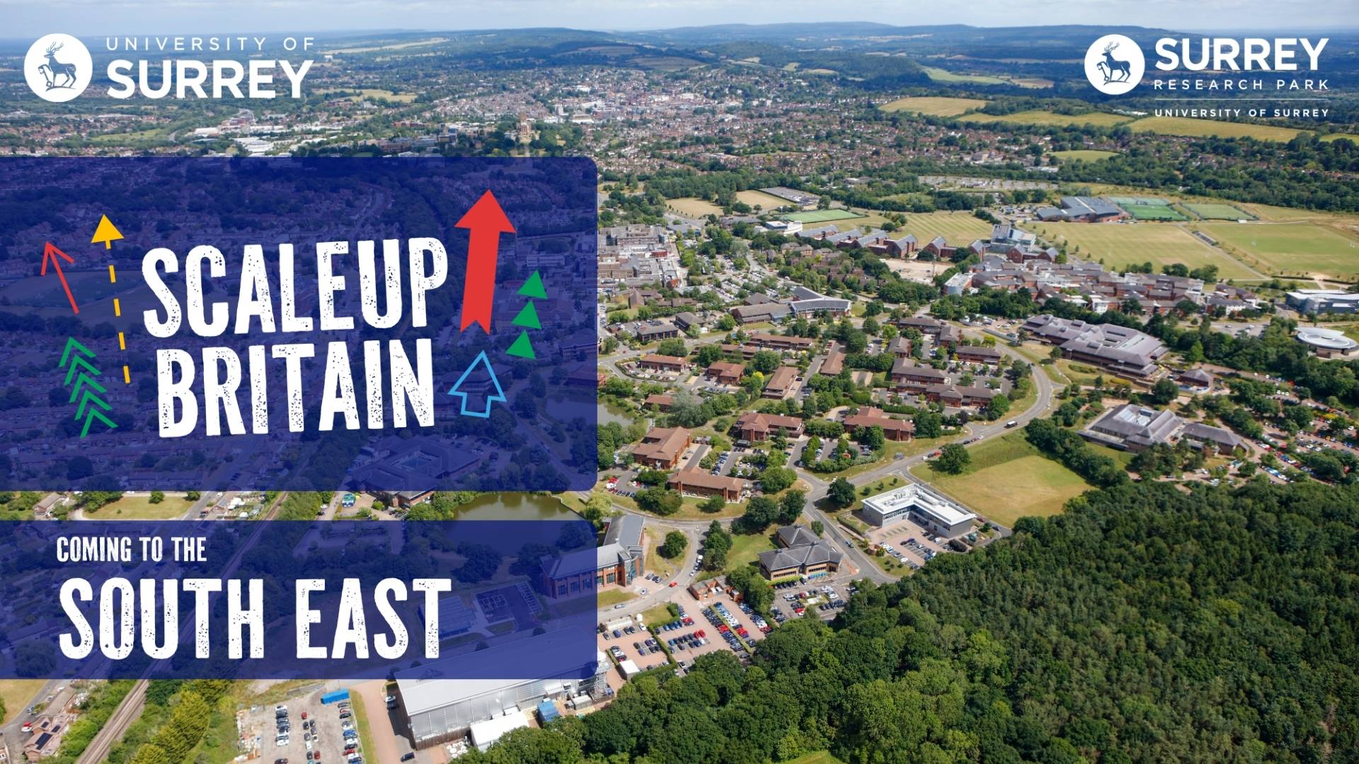 ScaleUp Britain Overview of Surrey Research Park with the logo