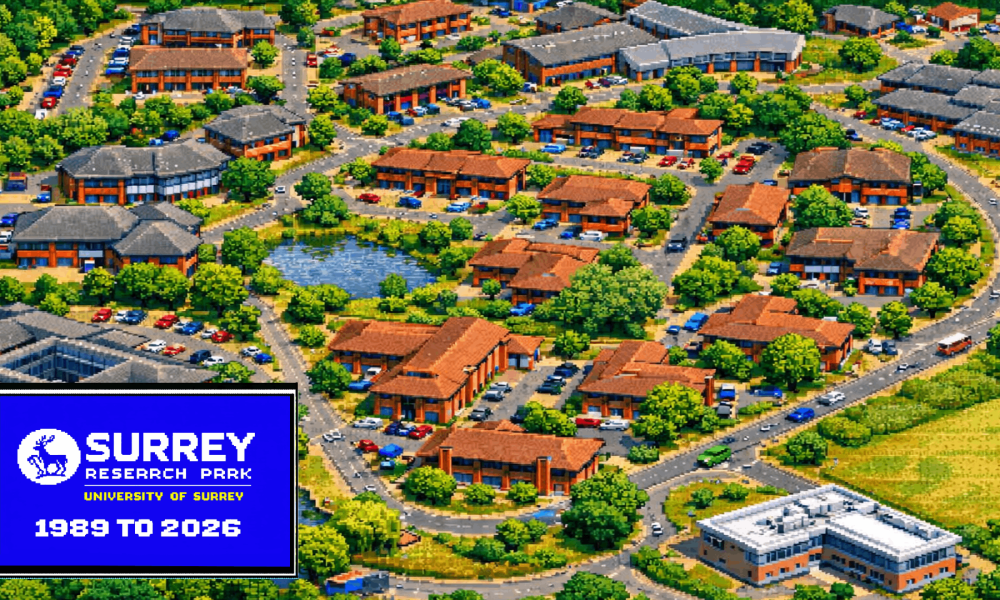 Concept image showing Surrey Research Park an an 8-bit early PC god game.