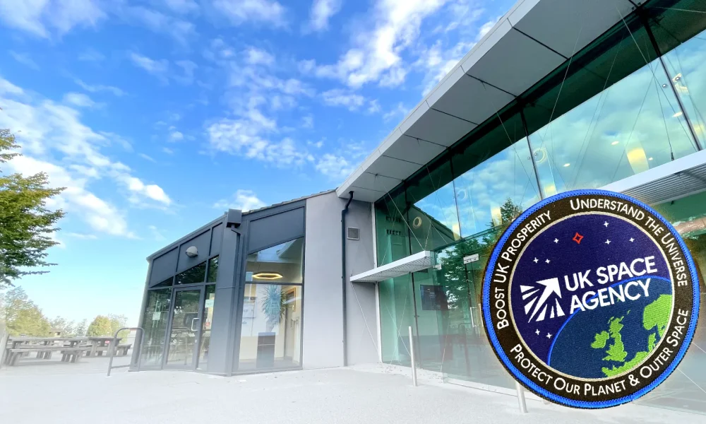 UK space agency mission badge overlaid the front of the Surrey Technology Centre