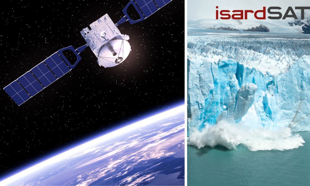 Satellite on left provides data of understanding glacial melt on the right.