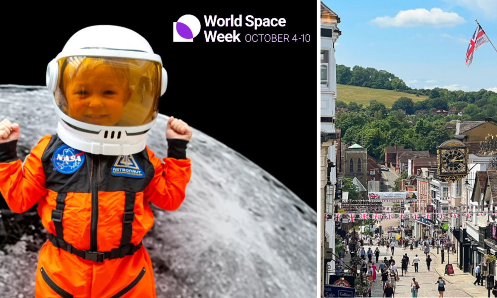 A child in a space suit next to an image of Guildford High Street.
